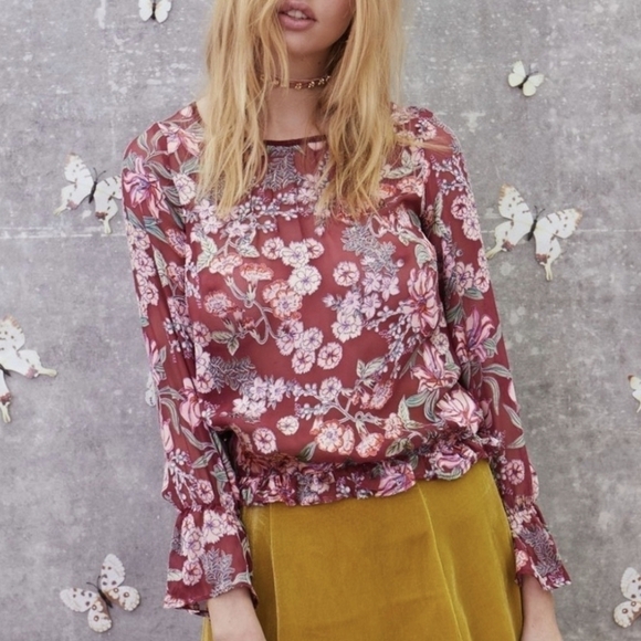 for LOVE AND LEMONS flora button back blouse floral burnout sheer blue xs - Picture 2 of 13